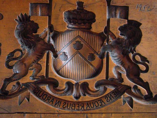 An 18th century incised carved fruitwood composition mold bearing the arms and crest of the Berkeley family dated 1754.    — image 4